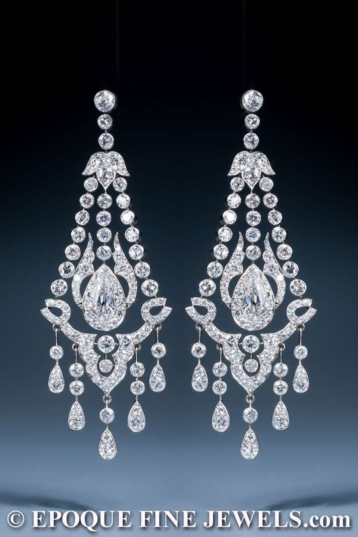 A magnificent early 20th century pair of diamond chandelier earrings